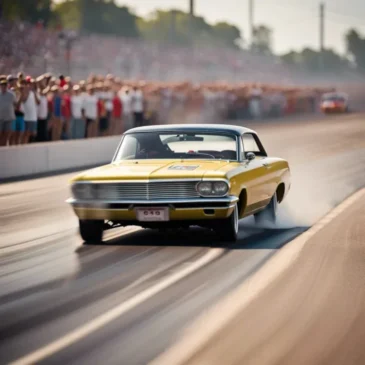 A yellow race car speeding down a straight asphalt track, with a crowd cheering in the background.