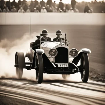 Two people in an old race car, dust coming from behind the vehicle