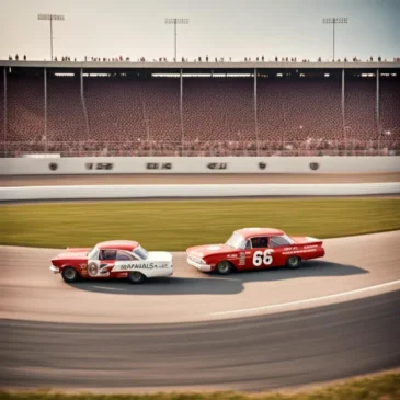 Two red racecars zooming along an oval track